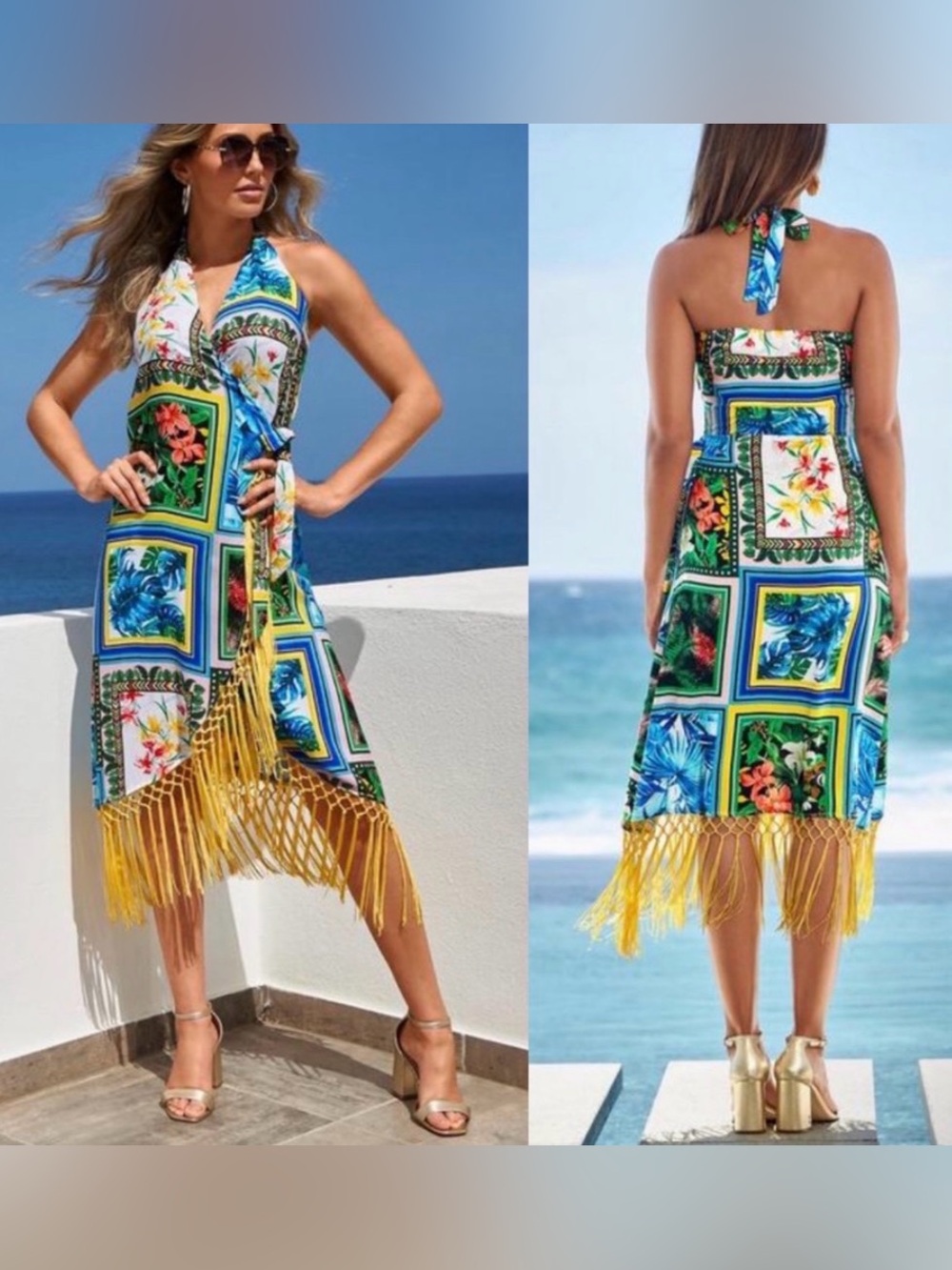 NWT Boston Proper Patchwork Fringe Wrap Dress Tropical Halter xl